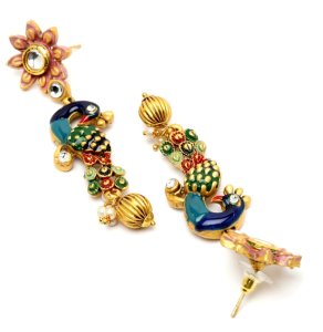 Multicolored Gold Plated Kundan Stone Peacock Shaped Meenakari Jewellery