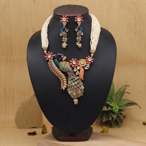 Multicolored Gold Plated Kundan Stone Peacock Shaped Meenakari Jewellery