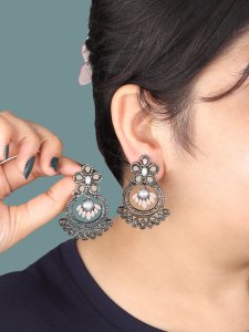 Korean Black Plated Pearl & Stone Beaded Earrings