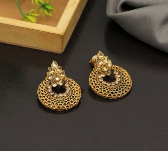 Gold Plated Kundan Studded Meenakari Touch Beads Drop Chandbali Earrings